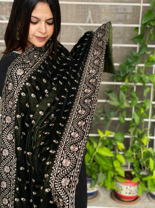 Mehendi Green Velvet Dupatta with Gold Thread Embroidery - Masakalee