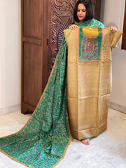 Mehendi Yellow Dupatta Set (Kurta+Dupatta) with Handblock Print in Pure Tussar Silk - Masakalee