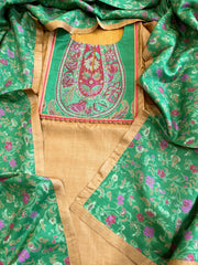 Mehendi Yellow Dupatta Set (Kurta+Dupatta) with Handblock Print in Pure Tussar Silk - Masakalee