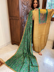 Mehendi Yellow Dupatta Set (Kurta+Dupatta) with Handblock Print in Pure Tussar Silk - Masakalee