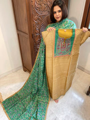 Mehendi Yellow Dupatta Set (Kurta+Dupatta) with Handblock Print in Pure Tussar Silk - Masakalee