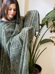 Military Green Kota Cotton Handblock Printed Dupatta - Masakalee