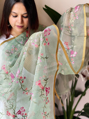 Mint Organza Dupatta with cross - stitch embroidery - Masakalee