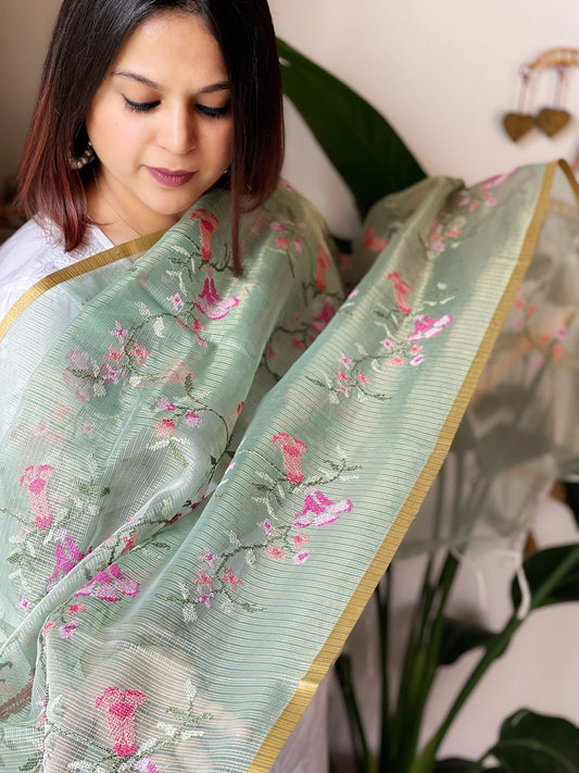 Mint Organza Dupatta with cross - stitch embroidery - Masakalee