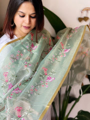 Mint Organza Dupatta with cross - stitch embroidery - Masakalee