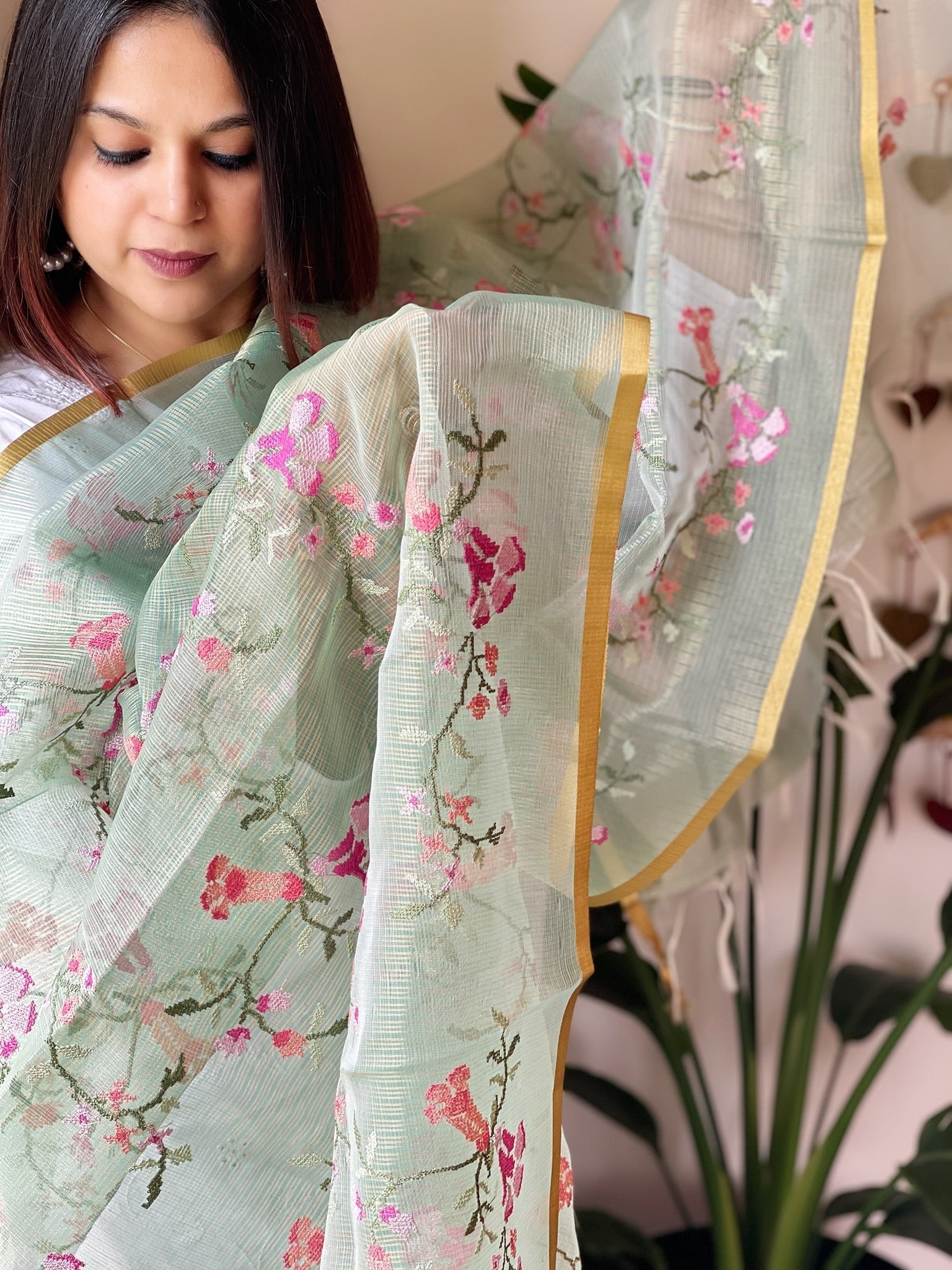 Mint Organza Dupatta with cross - stitch embroidery - Masakalee