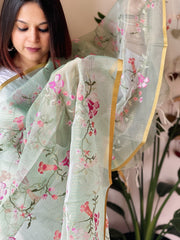 Mint Organza Dupatta with cross - stitch embroidery - Masakalee