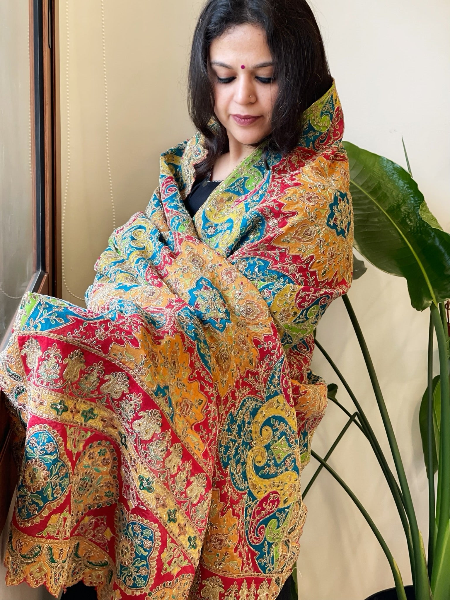 Multicolor Chinon Dupatta with Gold Thread & Aari Embroidery - Masakalee
