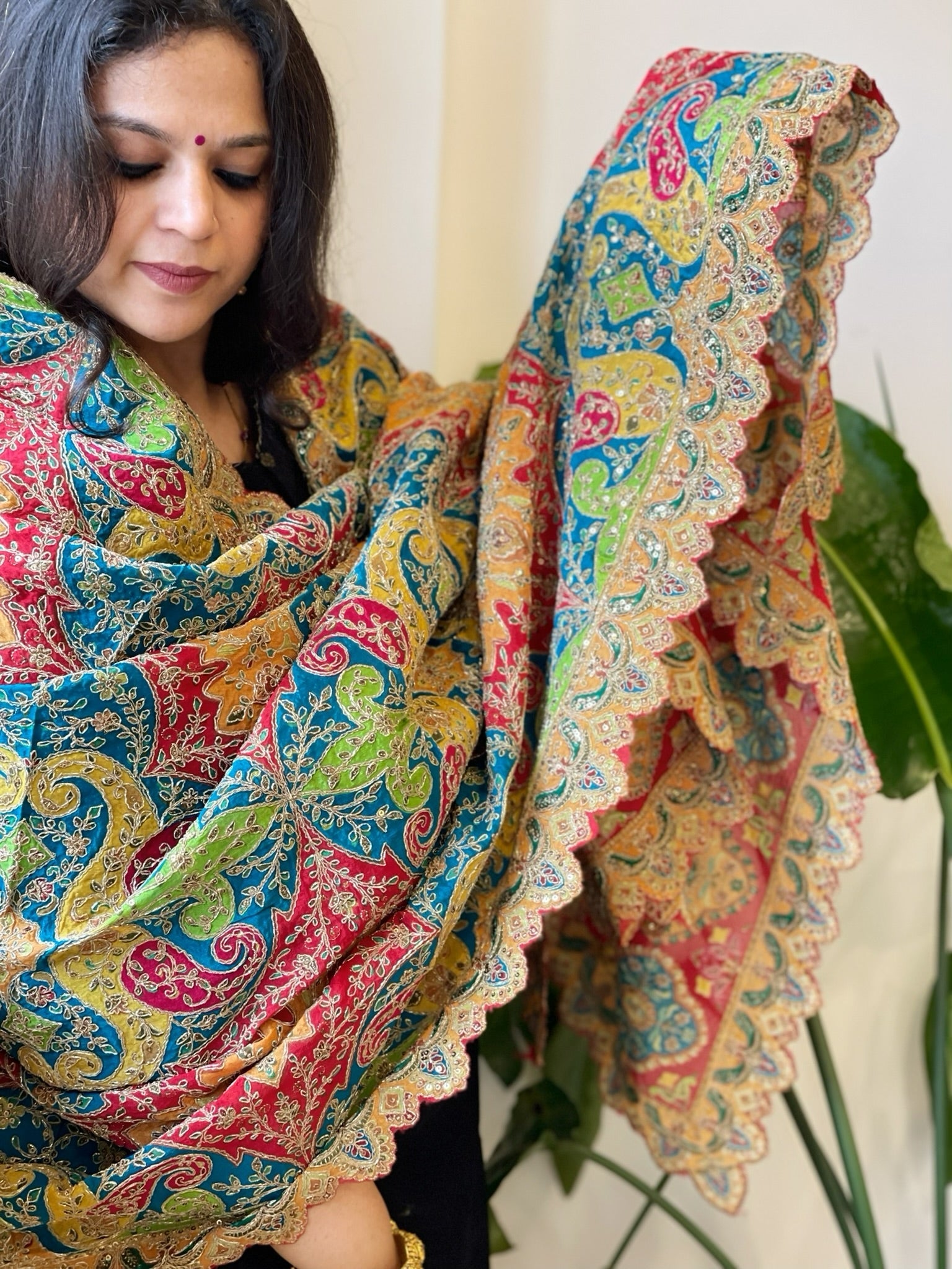 Multicolor Chinon Dupatta with Gold Thread & Aari Embroidery - Masakalee