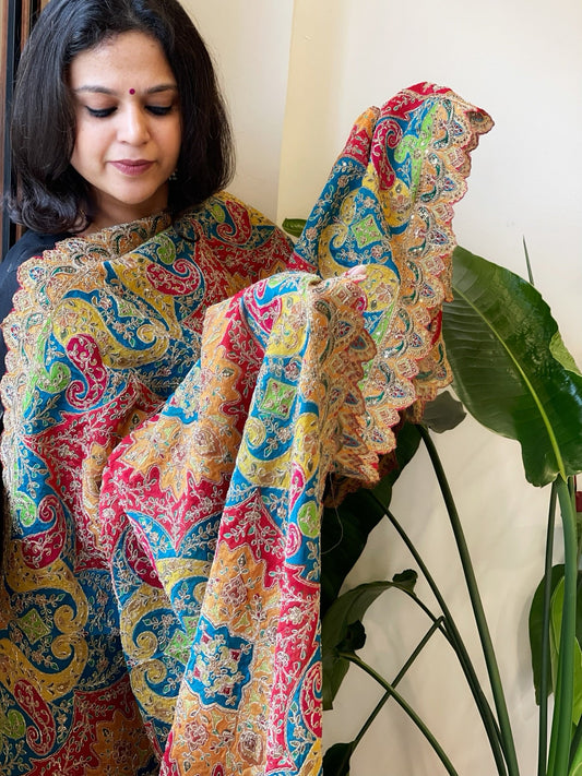 Multicolor Chinon Dupatta with Gold Thread & Aari Embroidery - Masakalee