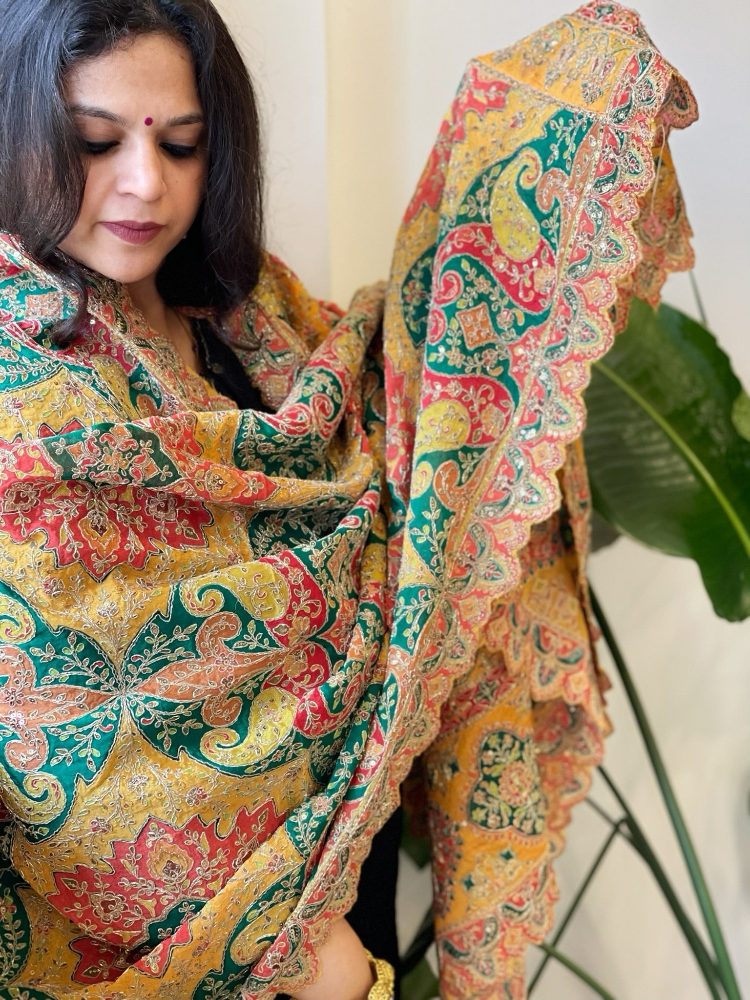 Multicolor Chinon Dupatta with Gold Thread & Aari Embroidery - Masakalee