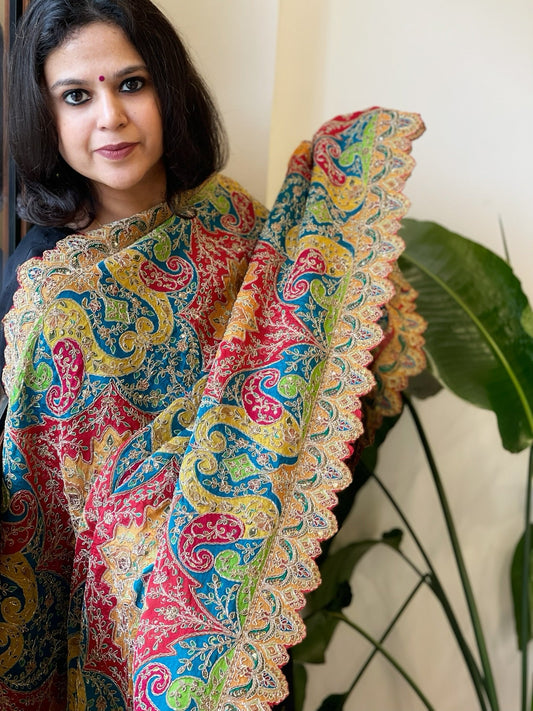 Multicolor Chinon Dupatta with Gold Thread & Aari Embroidery - Masakalee