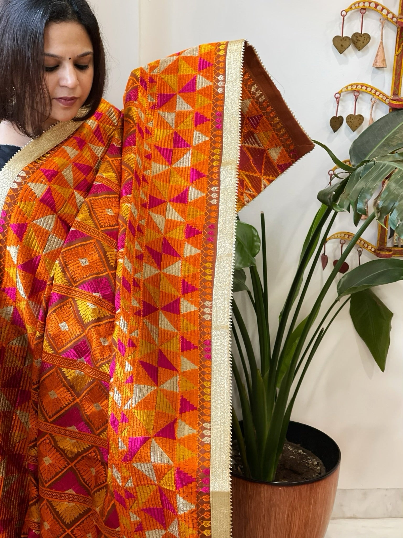 Mustard Designer Phulkari Dupatta in Khaddar Cotton - Masakalee