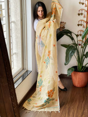 Mustard Handpainted Dupatta with Kantha Stitch Handwork in Linen - Masakalee