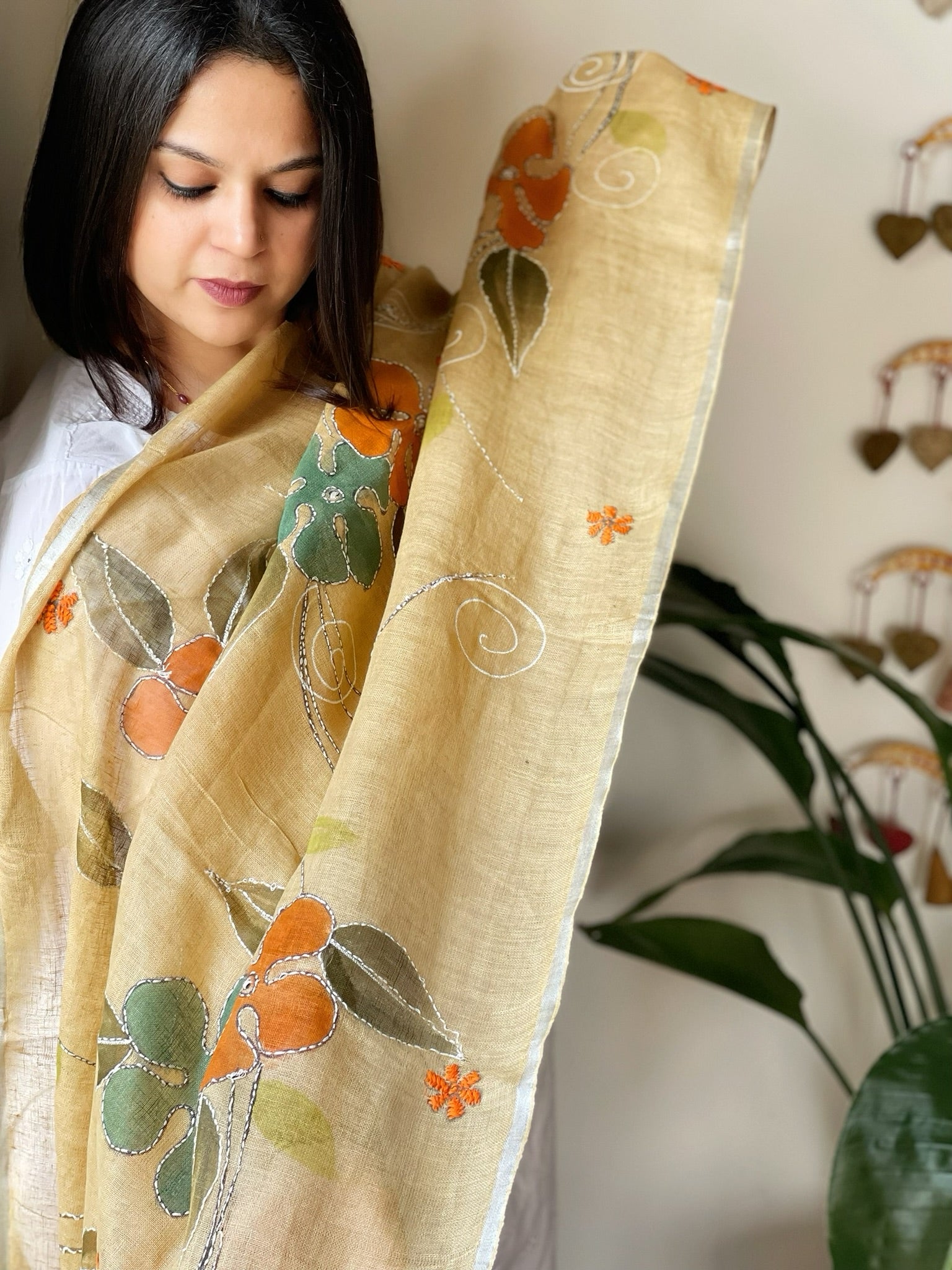 Mustard Handpainted Dupatta with Kantha Stitch Handwork in Linen - Masakalee