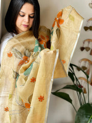 Mustard Handpainted Dupatta with Kantha Stitch Handwork in Linen - Masakalee