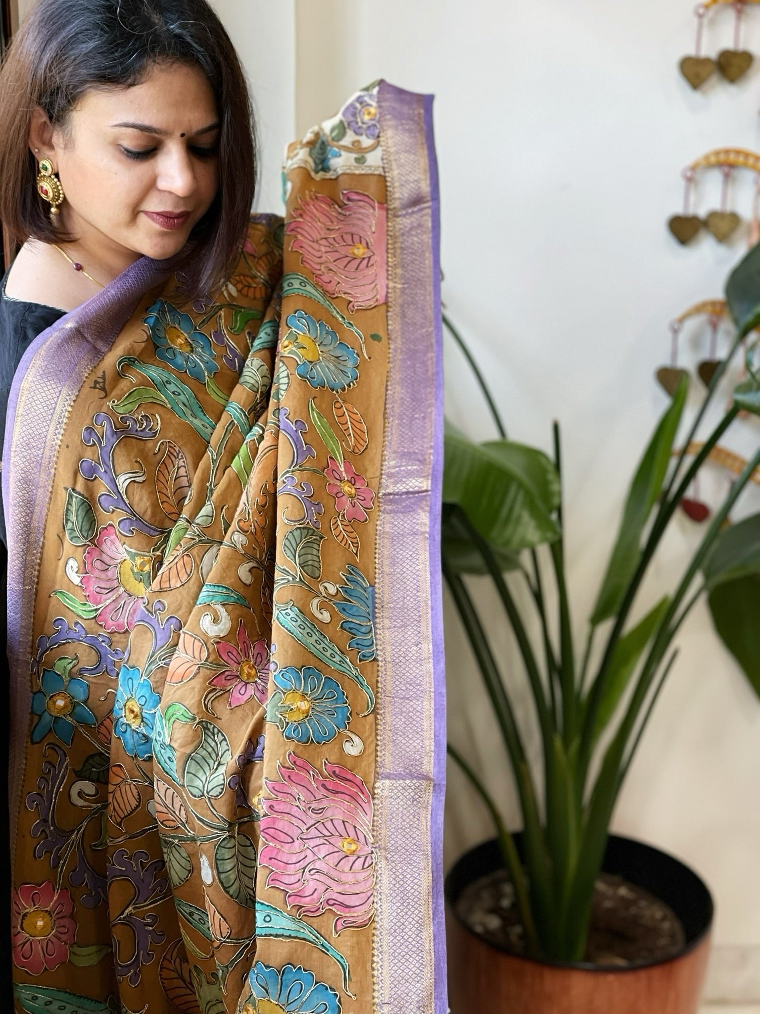 Mustard Handpainted Kalamkari Dupatta with Thread & Mirror Handwork in Chanderi Silk - Masakalee
