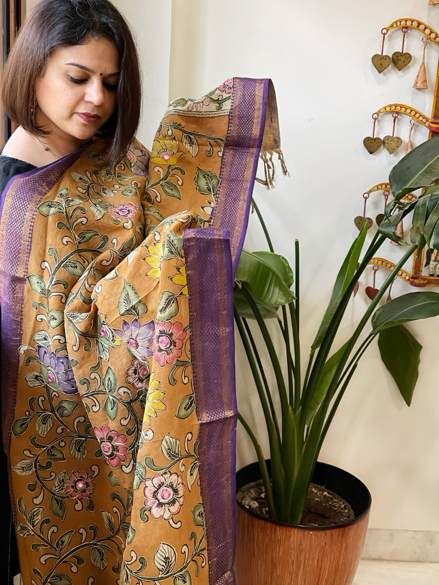 Mustard Handpainted Kalamkari Dupatta with Thread & Mirror Handwork in Chanderi Silk - Masakalee