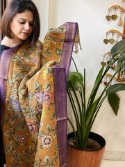 Mustard Handpainted Kalamkari Dupatta with Thread & Mirror Handwork in Chanderi Silk - Masakalee