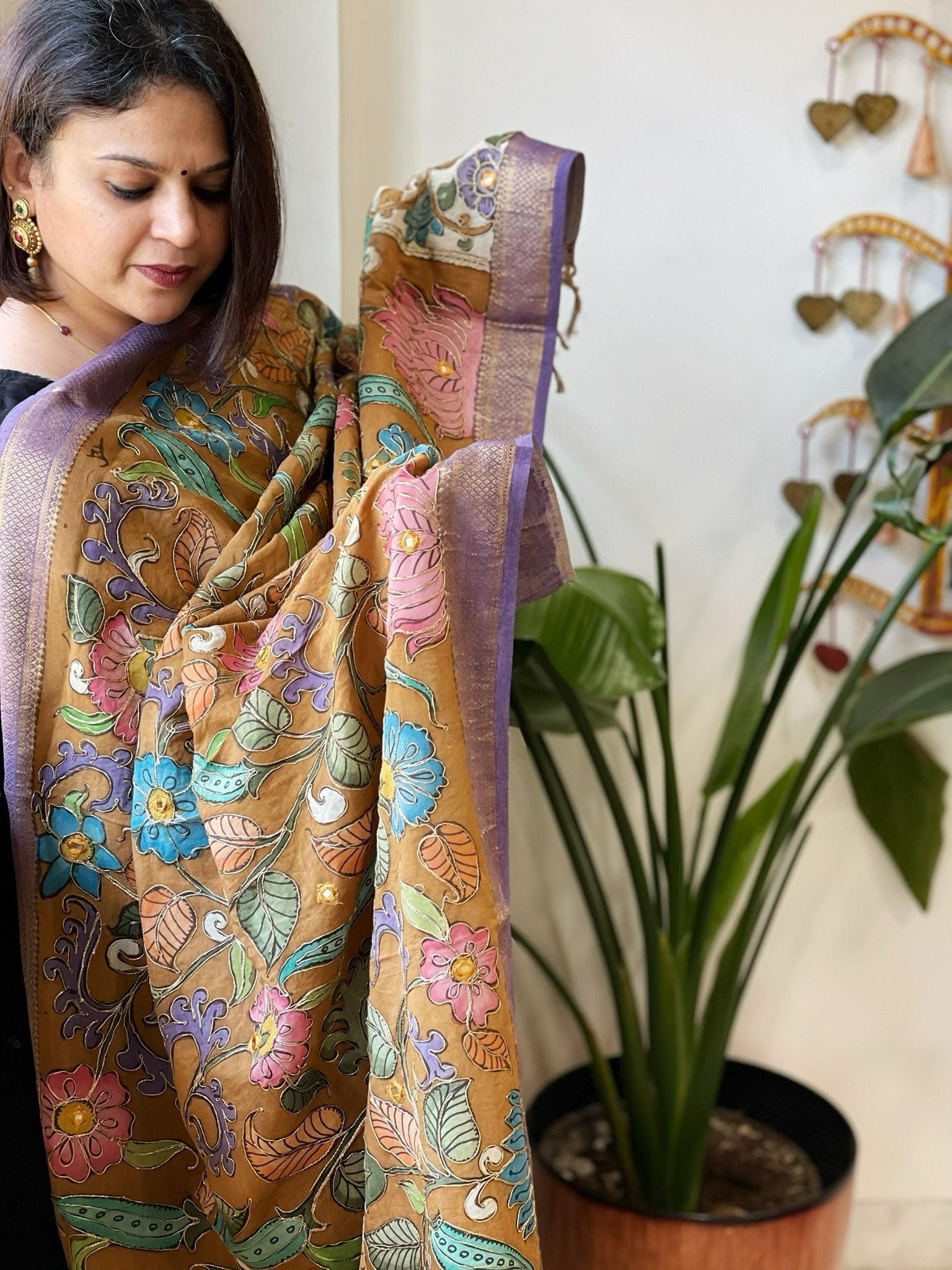 Mustard Handpainted Kalamkari Dupatta with Thread & Mirror Handwork in Chanderi Silk - Masakalee