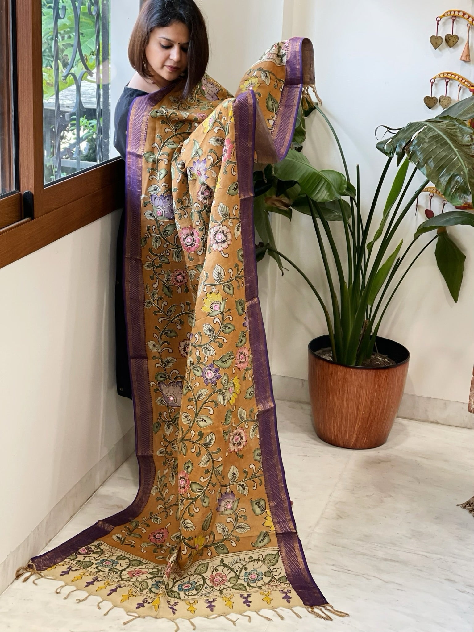 Mustard Handpainted Kalamkari Dupatta with Thread & Mirror Handwork in Chanderi Silk - Masakalee