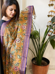 Mustard Handpainted Kalamkari Dupatta with Thread & Mirror Handwork in Chanderi Silk - Masakalee