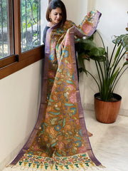 Mustard Handpainted Kalamkari Dupatta with Thread & Mirror Handwork in Chanderi Silk - Masakalee
