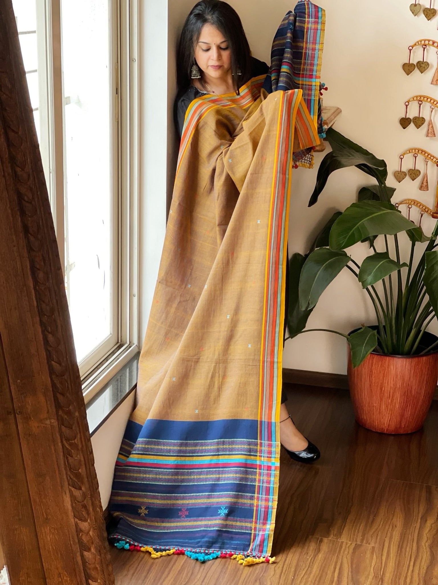 Mustard Handwoven Bhujodi Dupatta with Mirror & Thread Handwork in Cotton - Masakalee
