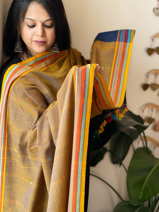 Mustard Handwoven Bhujodi Dupatta with Mirror & Thread Handwork in Cotton - Masakalee