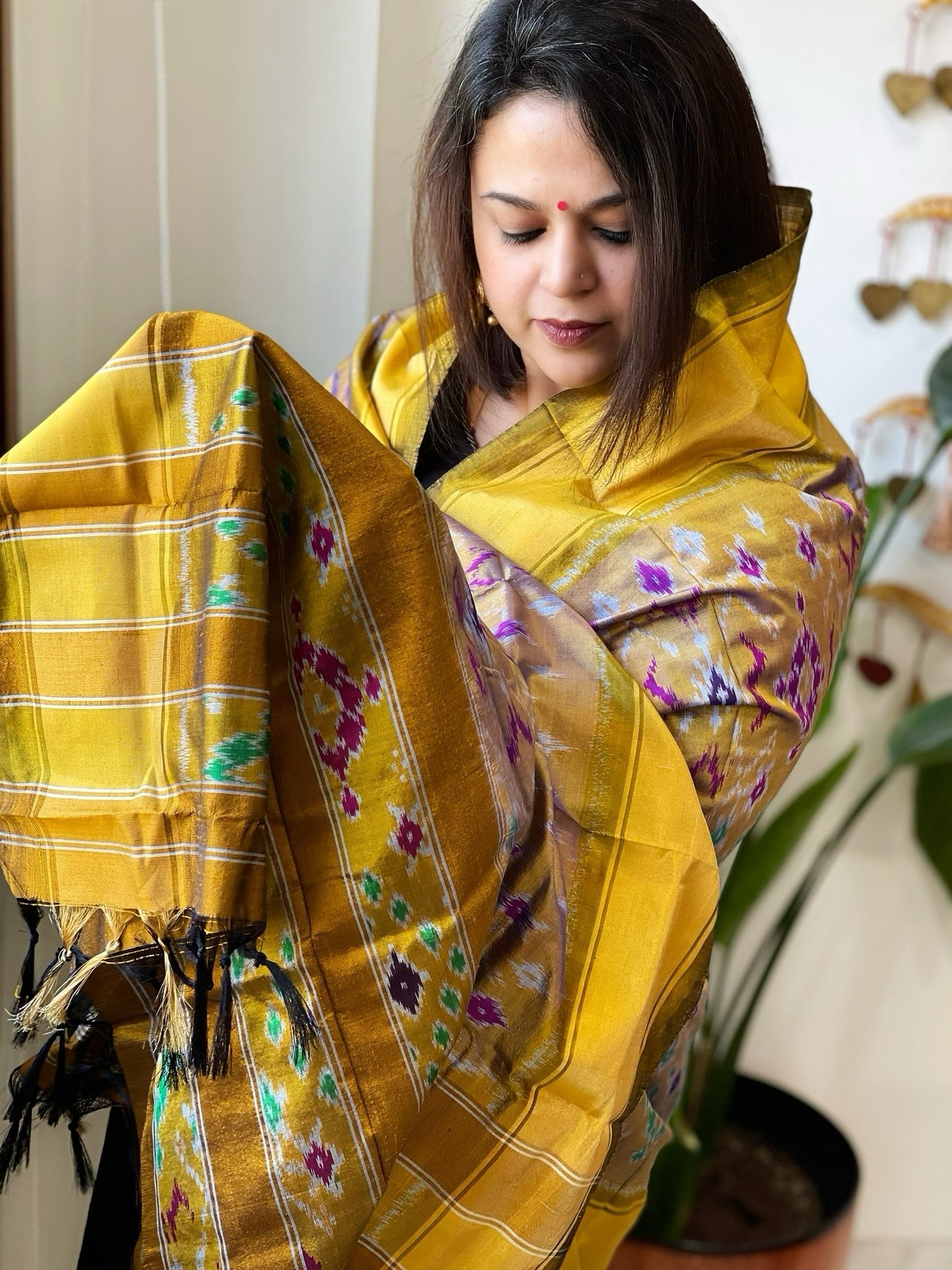 Mustard Handwoven Ikat Dupatta in Pure Silk - Masakalee