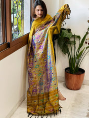Mustard Handwoven Ikat Dupatta in Pure Silk - Masakalee