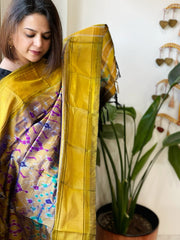 Mustard Handwoven Ikat Dupatta in Pure Silk - Masakalee