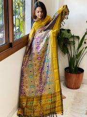Mustard Handwoven Ikat Dupatta in Pure Silk - Masakalee