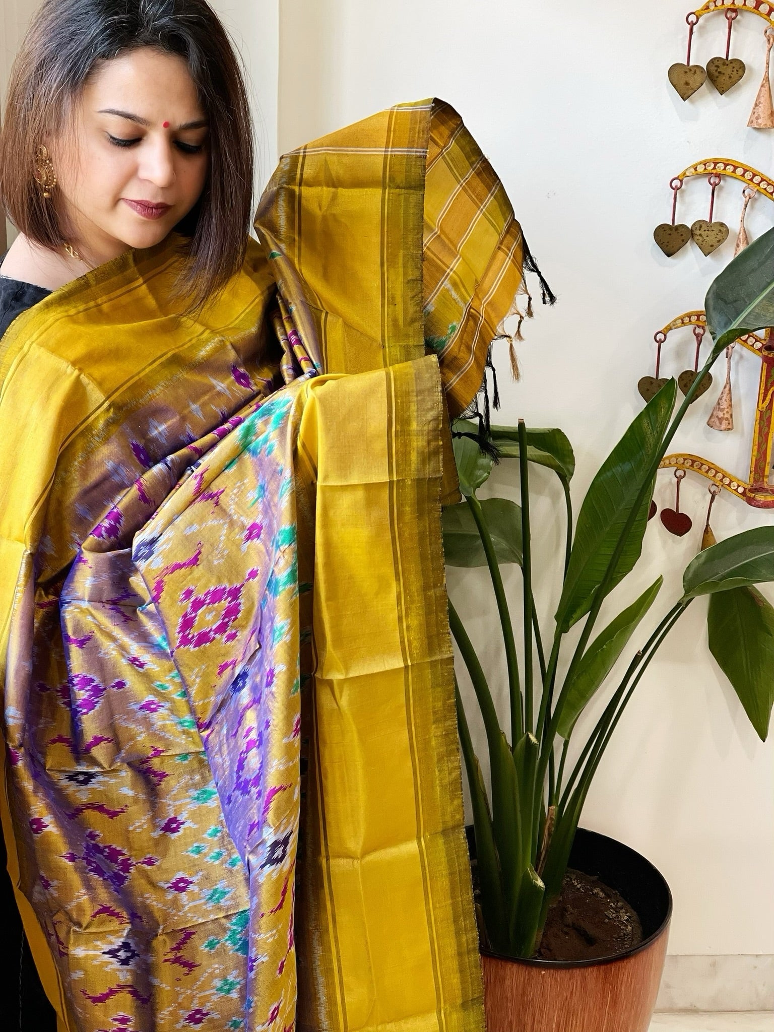 Mustard Handwoven Ikat Dupatta in Pure Silk - Masakalee