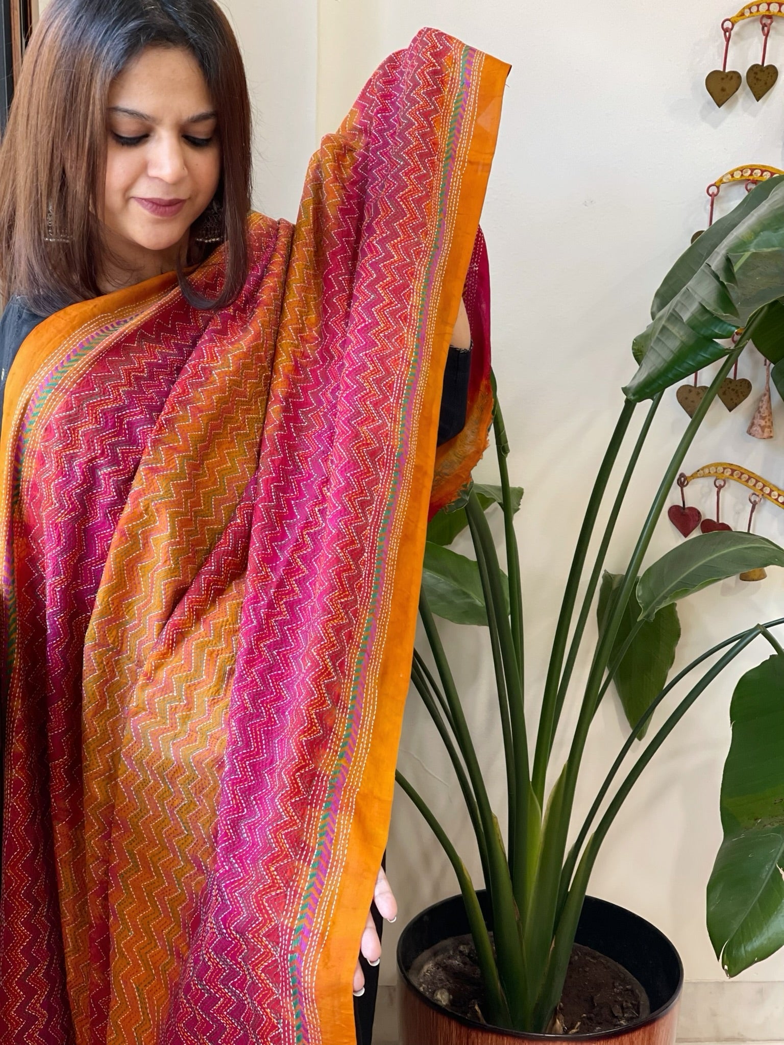 Mustard, Pink Handmade Kantha Dupatta in Silk - Masakalee