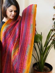 Mustard, Pink Handmade Kantha Dupatta in Silk - Masakalee