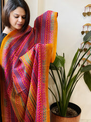 Mustard, Pink Handmade Kantha Dupatta in Silk - Masakalee
