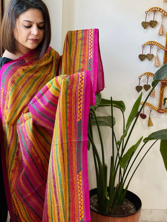 Mustard, Pink Handmade Kantha Dupatta in Silk - Masakalee