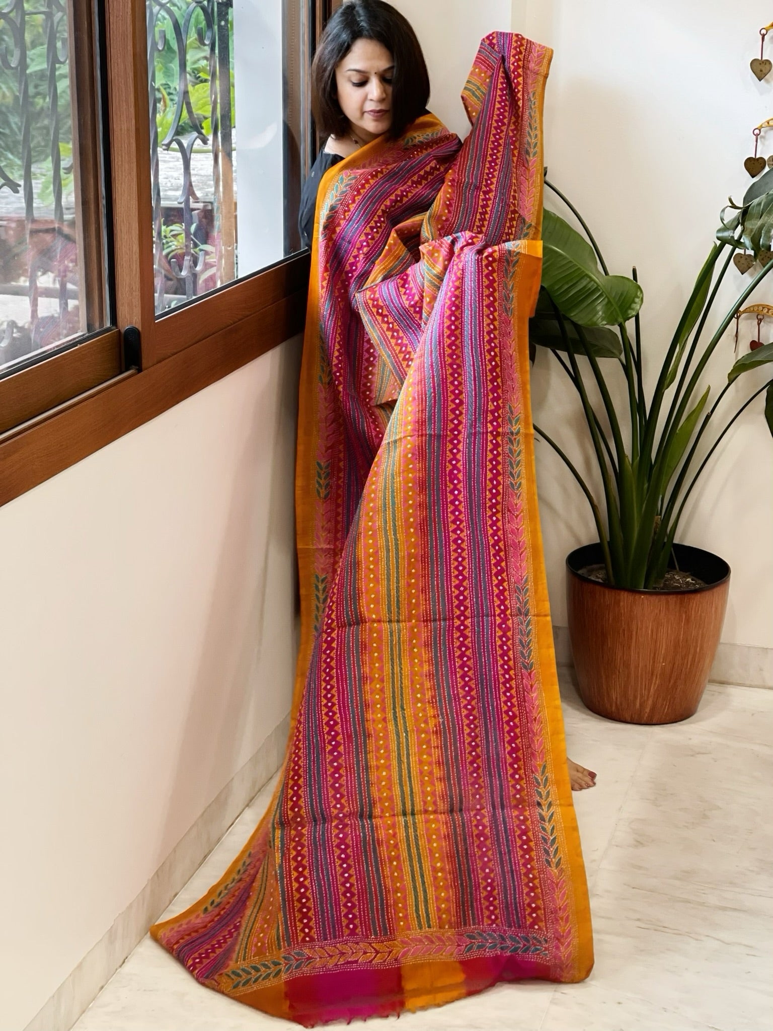 Mustard, Pink Handmade Kantha Dupatta in Silk - Masakalee