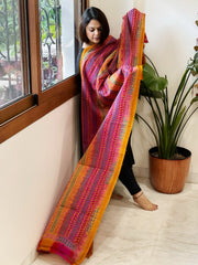 Mustard, Pink Handmade Kantha Dupatta in Silk - Masakalee