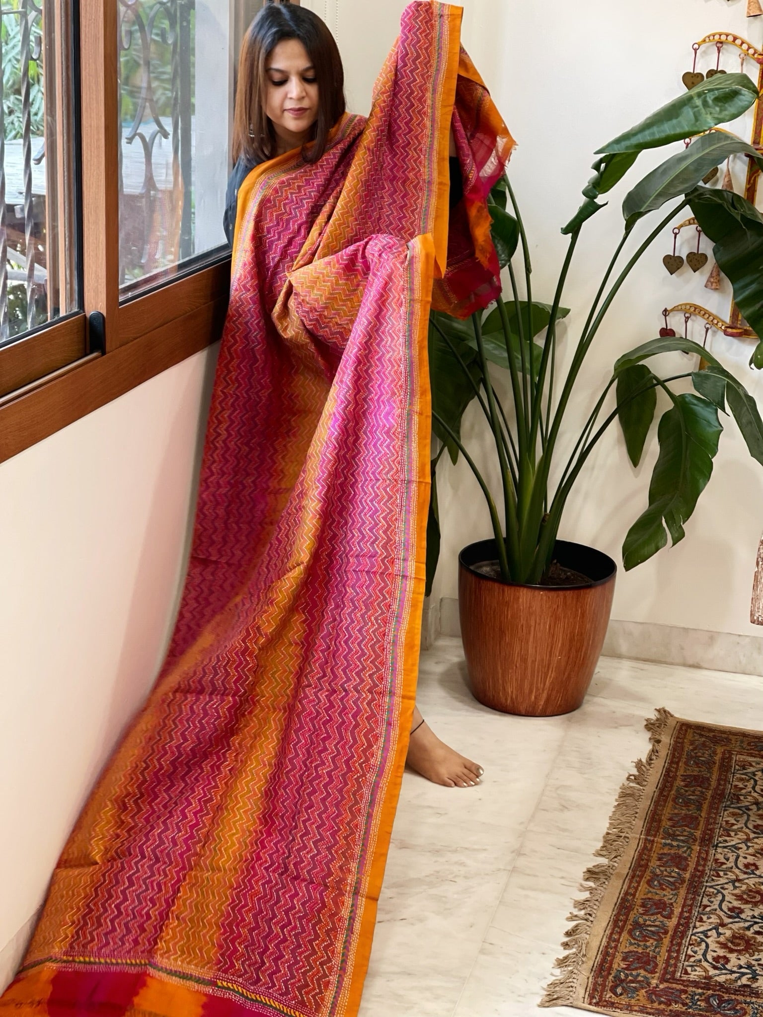 Mustard, Pink Handmade Kantha Dupatta in Silk - Masakalee