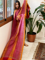 Mustard, Pink Handmade Kantha Dupatta in Silk - Masakalee