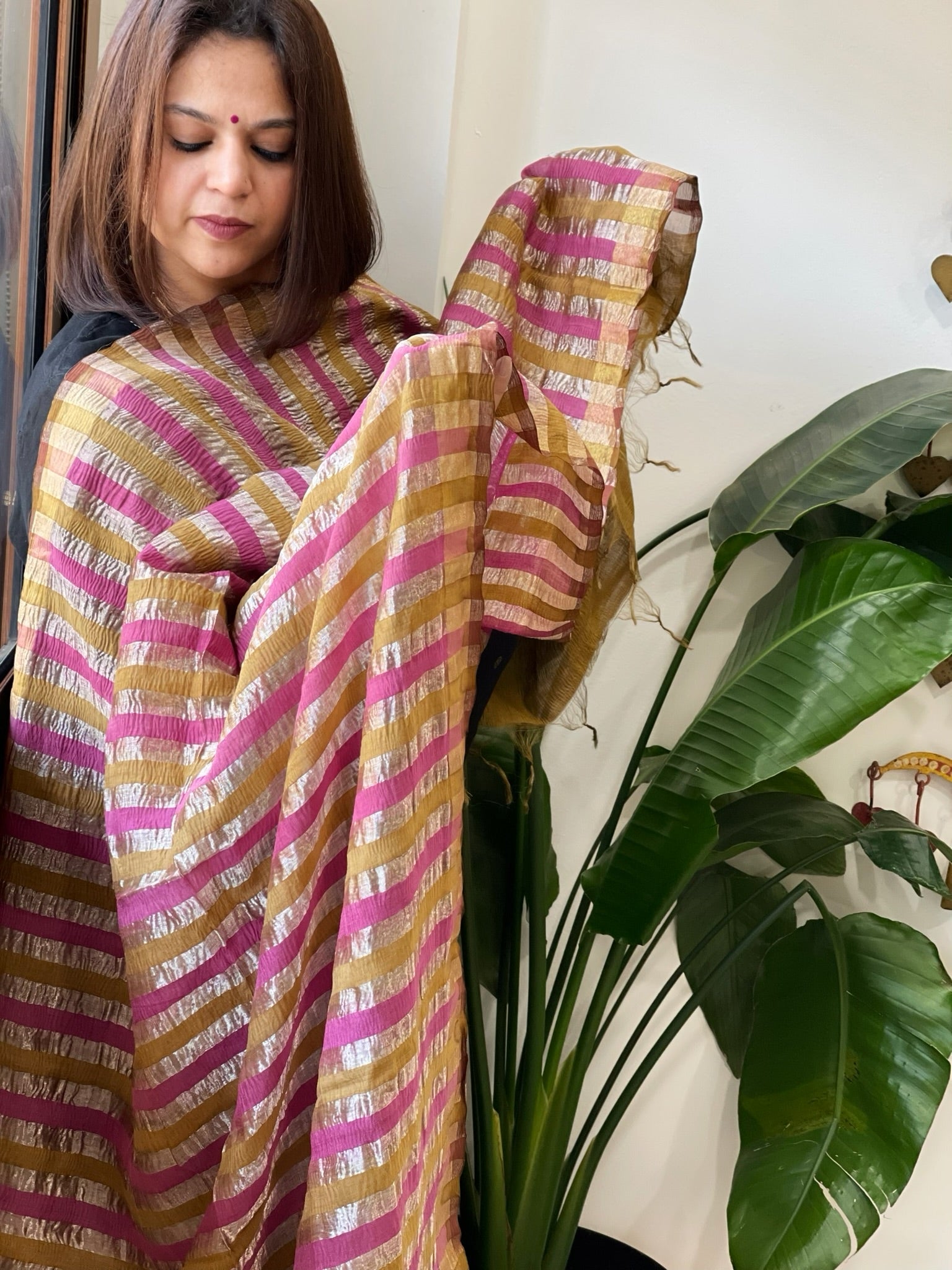 Mustard, Pink Handwoven Chanderi Tissue Dupatta - Masakalee