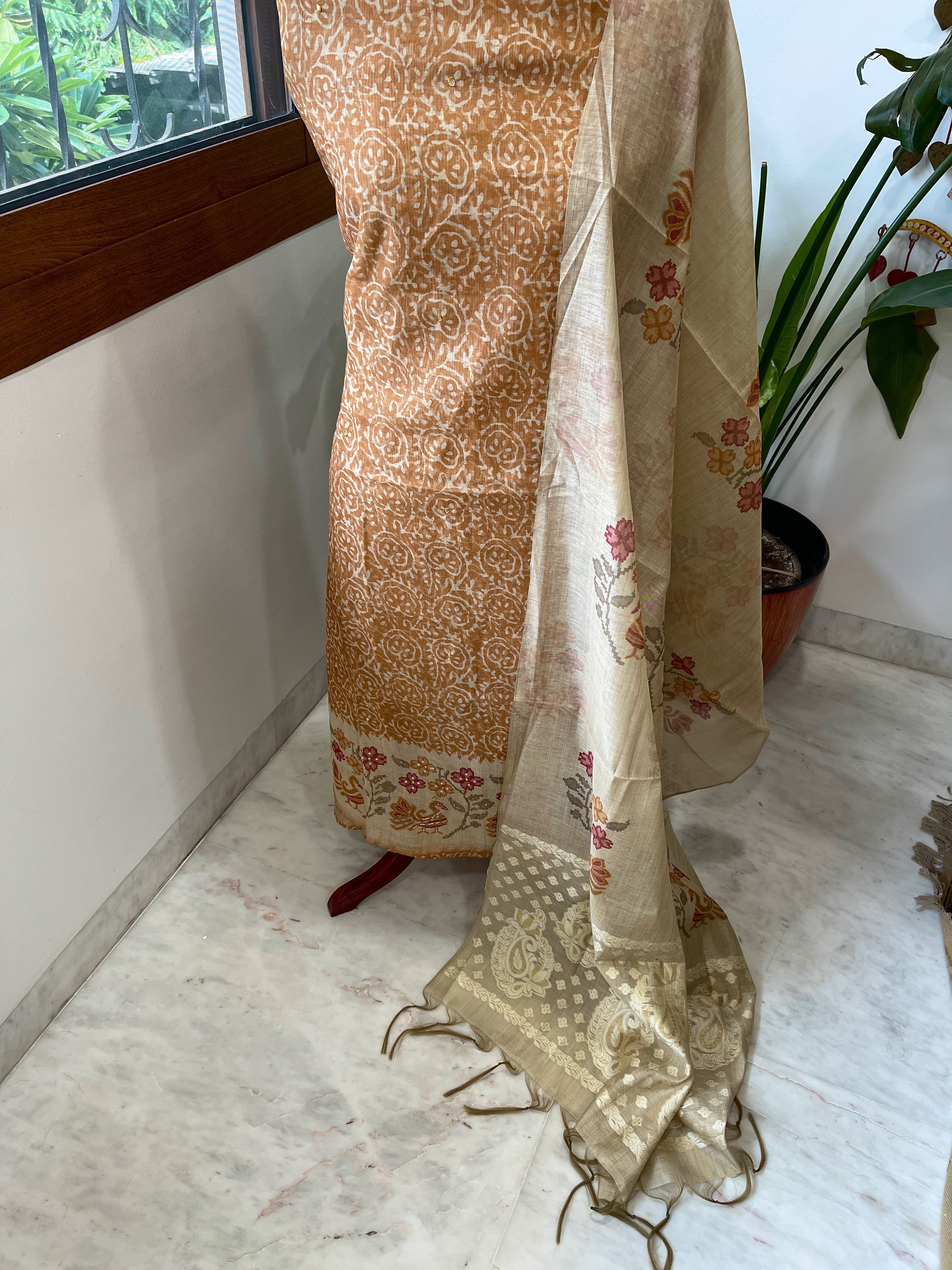 Mustard Suit Set with Block Print with Jamdani Dupatta in Chanderi - Masakalee