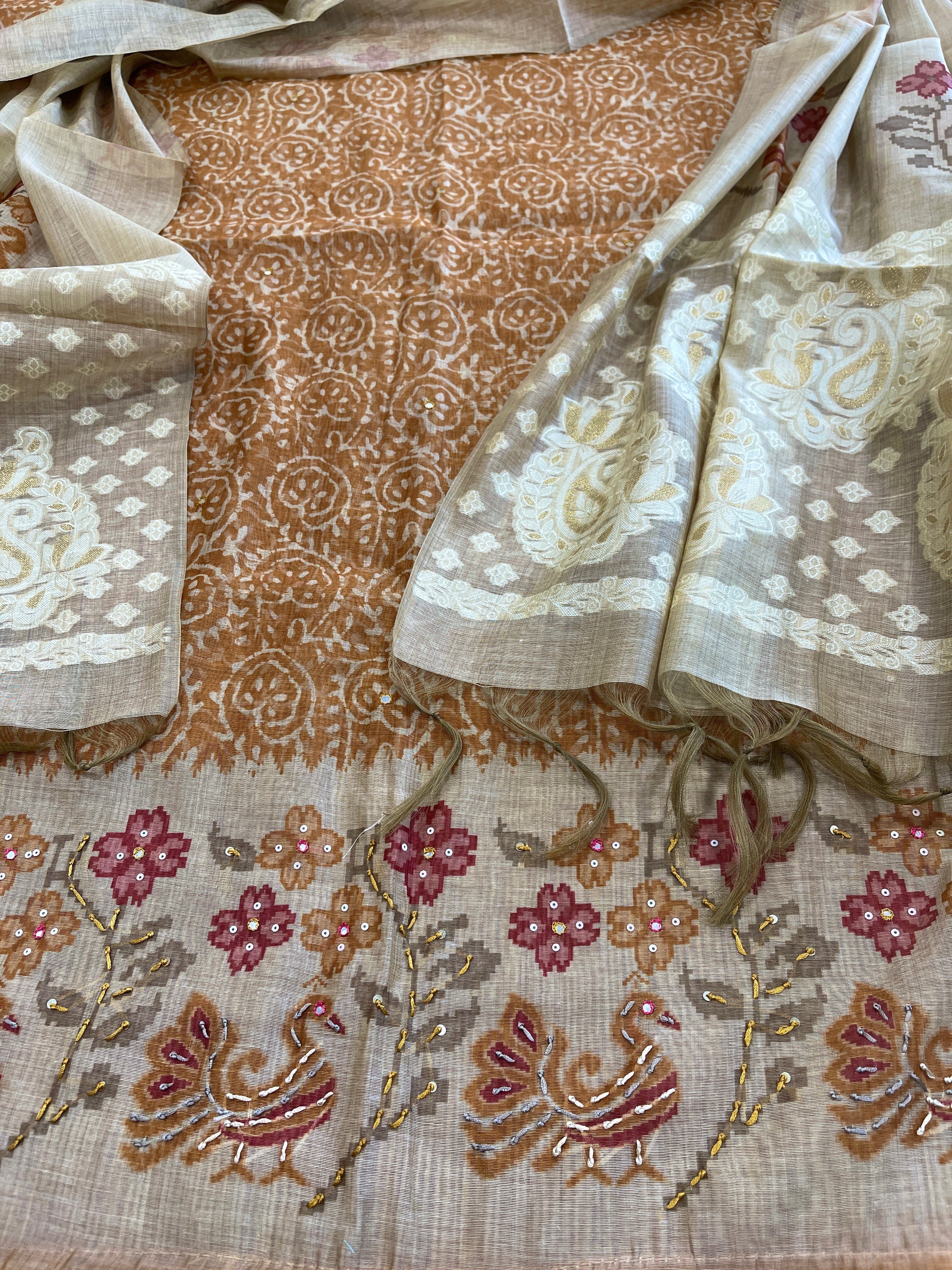 Mustard Suit Set with Block Print with Jamdani Dupatta in Chanderi - Masakalee