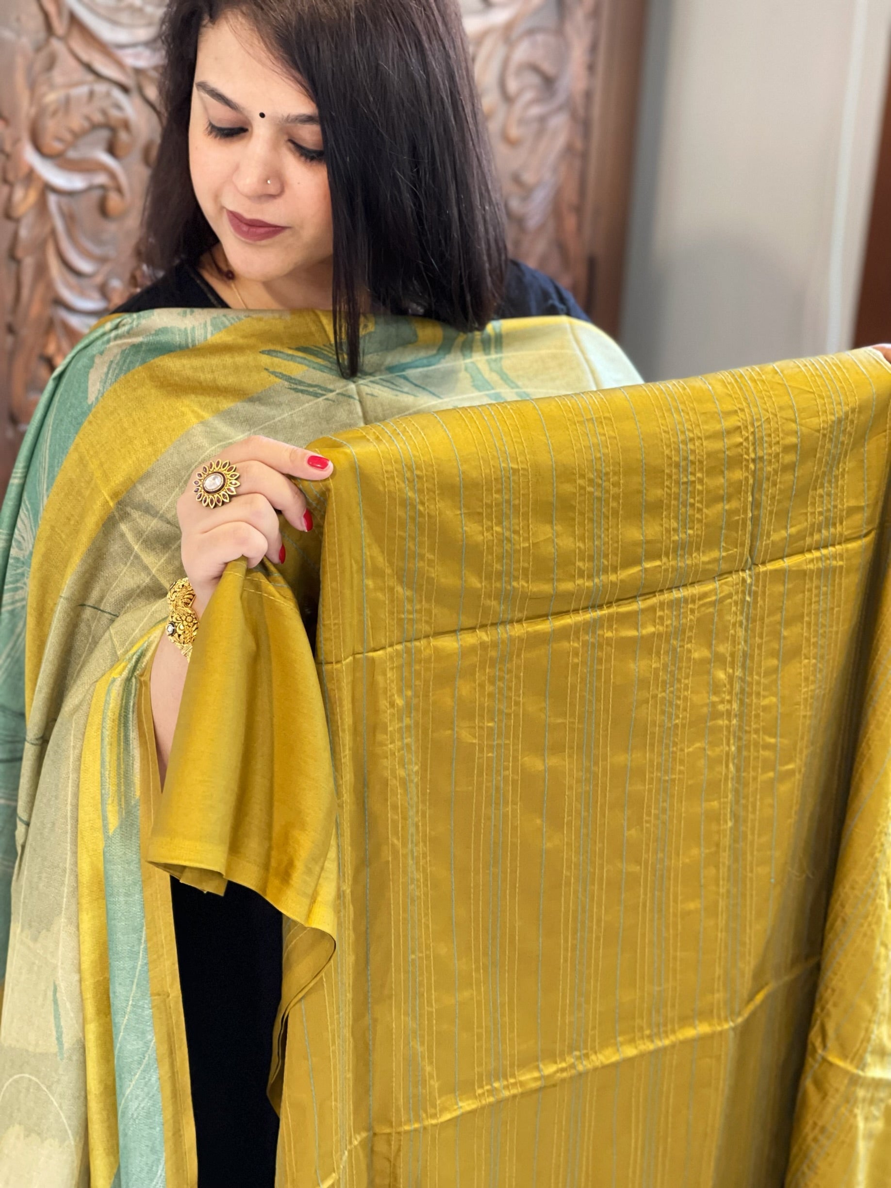 Mustard Suit Set with Kantha Stitch Work on Glazed Cotton - Masakalee
