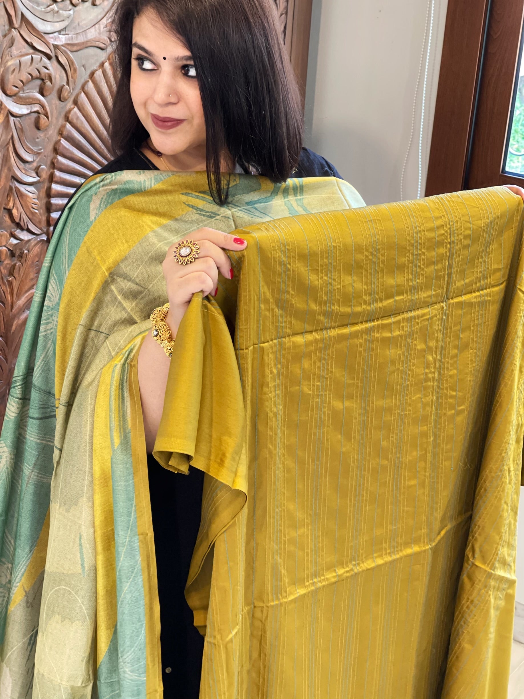 Mustard Suit Set with Kantha Stitch Work on Glazed Cotton - Masakalee