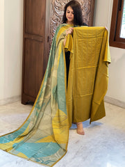 Mustard Suit Set with Kantha Stitch Work on Glazed Cotton - Masakalee