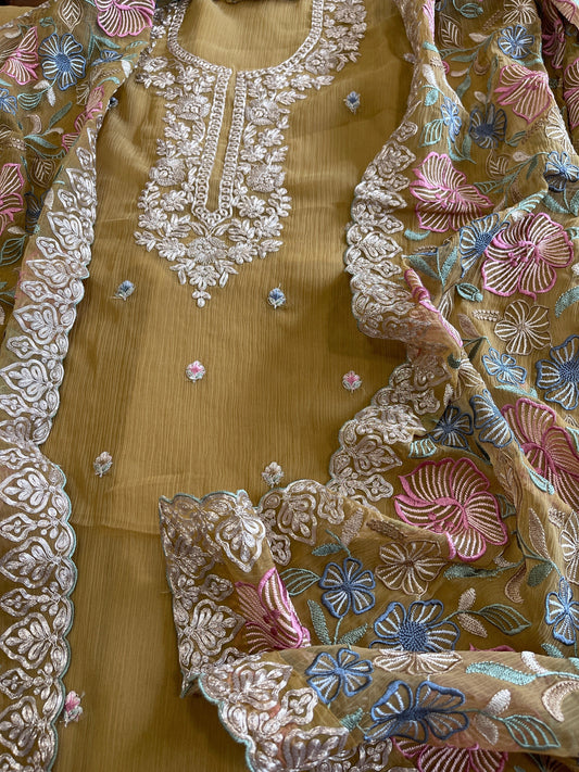 Mustard Suit Set with Thread Embroidery and Pitta Work in Georgette - Masakalee