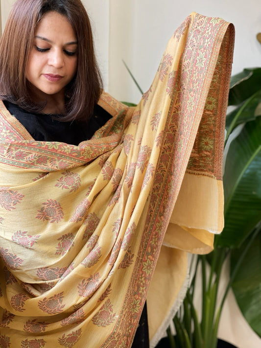 Mustard Woven Pashmina Shawl with Kaani Butas - Masakalee